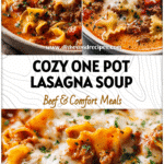 A warm bowl of Easy Lasagna Soup with noodles, beef, marinara broth, and melted cheese topped with herbs.